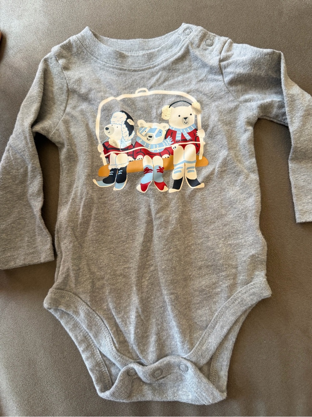 Garanimals Gray Long-Sleeve One-Piece with Skiing Bear Graphic